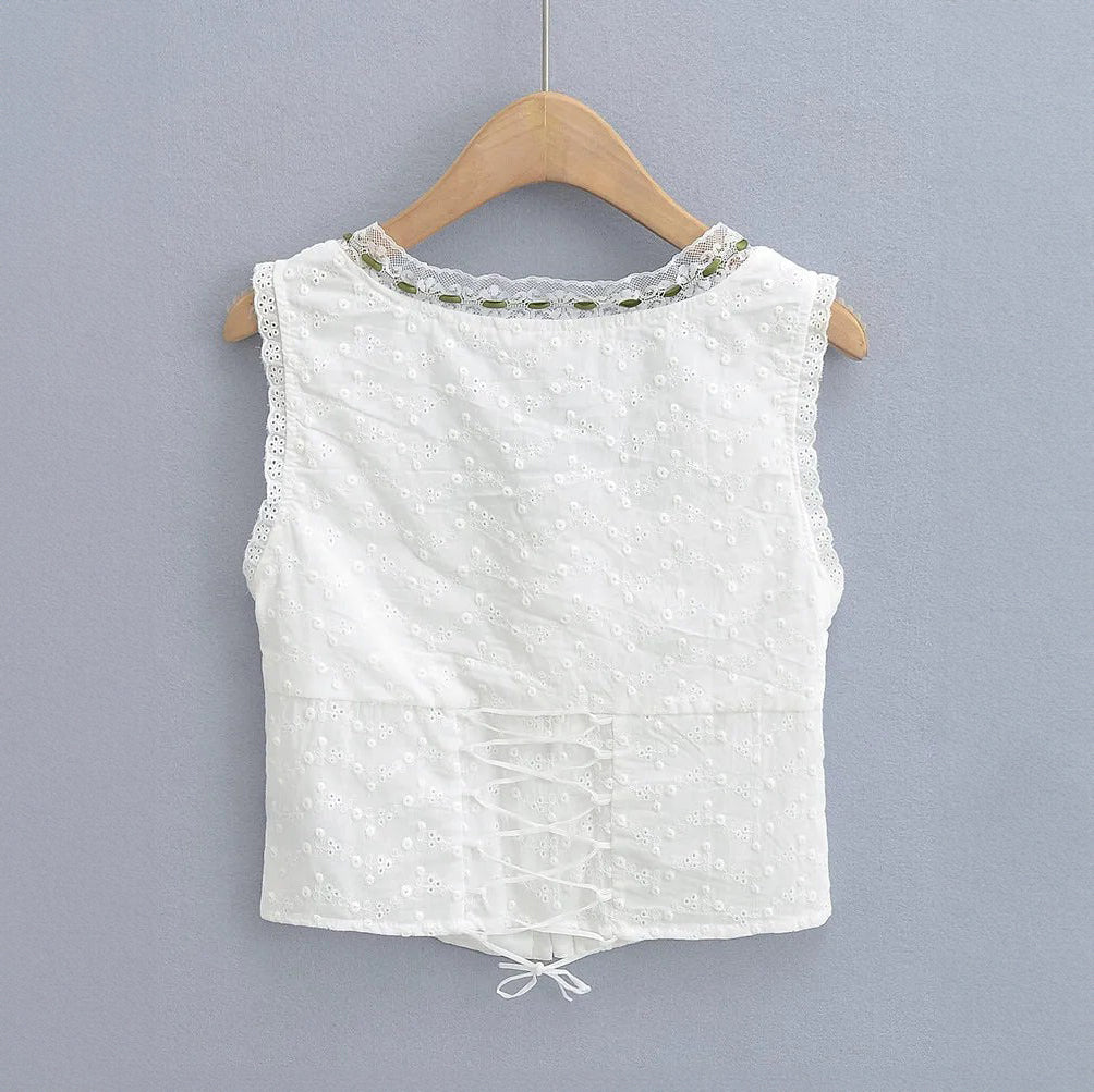 Embroidered Lace-Up Tank Top