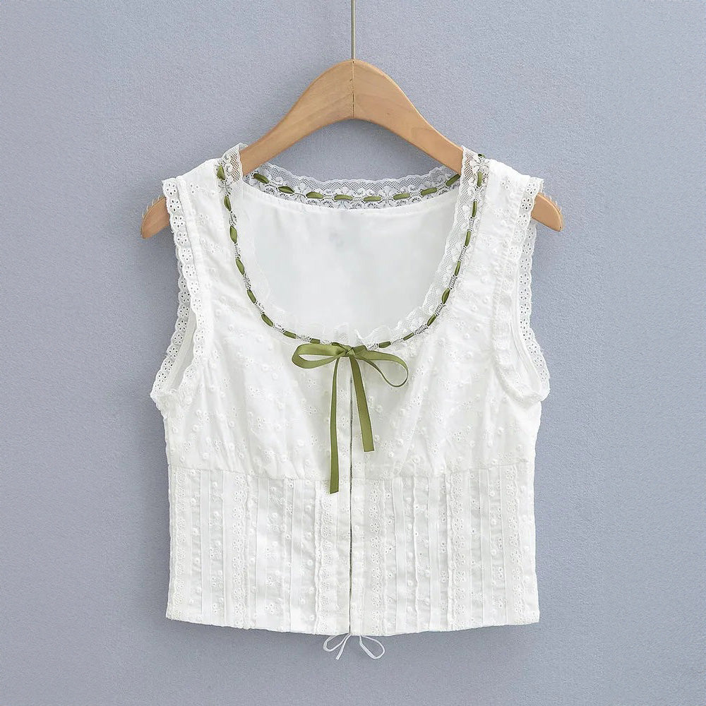 Embroidered Lace-Up Tank Top