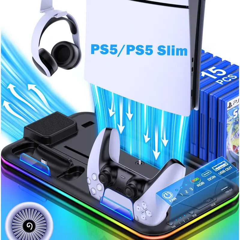 PS5 Controller Charging Station With Cooling Fan With LED 3 Port USB