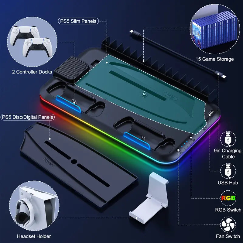 PS5 Controller Charging Station With Cooling Fan With LED 3 Port USB