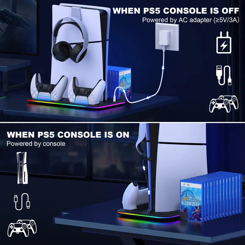 PS5 Controller Charging Station With Cooling Fan With LED 3 Port USB