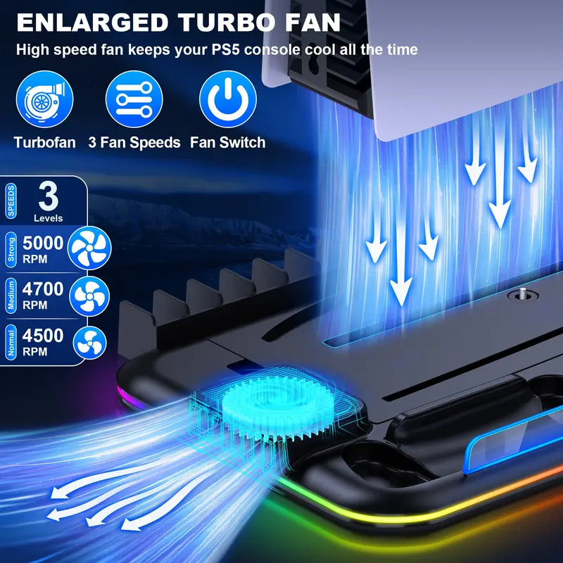 PS5 Controller Charging Station With Cooling Fan With LED 3 Port USB